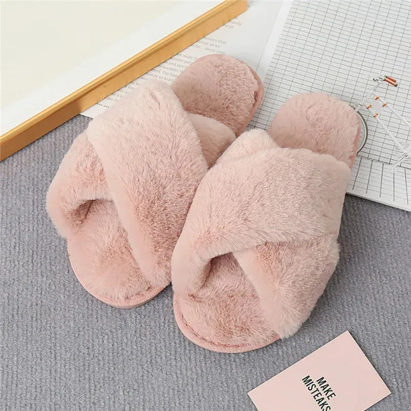 2023 Winter Women Home Indoor Casual Slippers Female Flip Flops Fluffy Shoes Cross Design Slides Ladies Soft Warm Plush Slipper