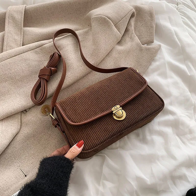 Back to College Corduroy Brand Luxury Designer Baguette Crossbody Bag for Women 2021 Winter Underarm Shoulder Party Trendy Purse and Handbags