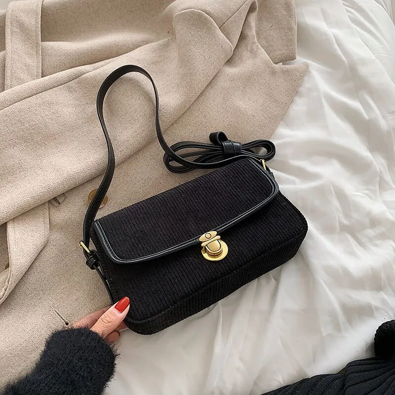 Back to College Corduroy Brand Luxury Designer Baguette Crossbody Bag for Women 2021 Winter Underarm Shoulder Party Trendy Purse and Handbags