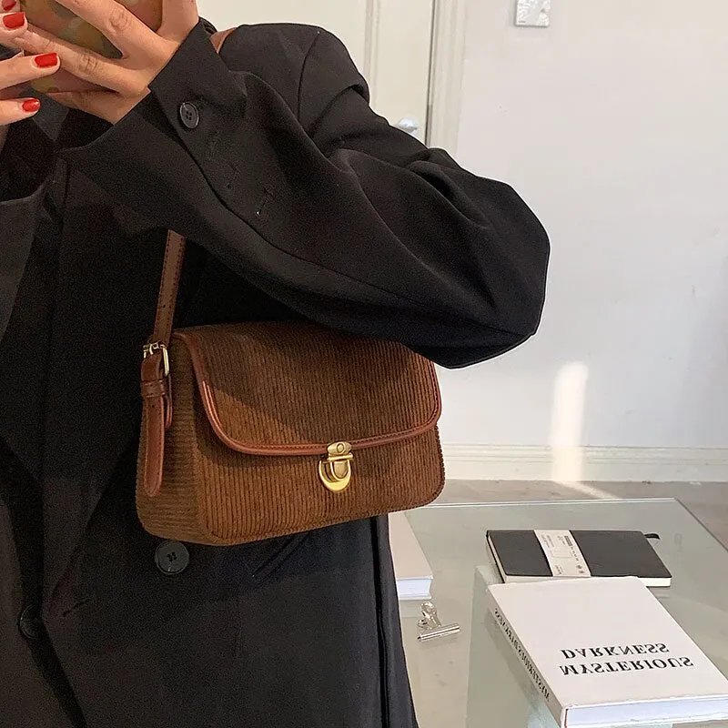 Back to College Corduroy Brand Luxury Designer Baguette Crossbody Bag for Women 2021 Winter Underarm Shoulder Party Trendy Purse and Handbags