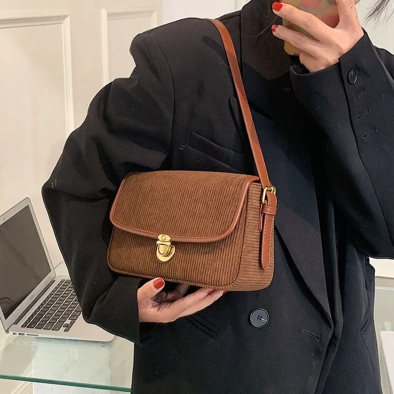 Back to College Corduroy Brand Luxury Designer Baguette Crossbody Bag for Women 2021 Winter Underarm Shoulder Party Trendy Purse and Handbags