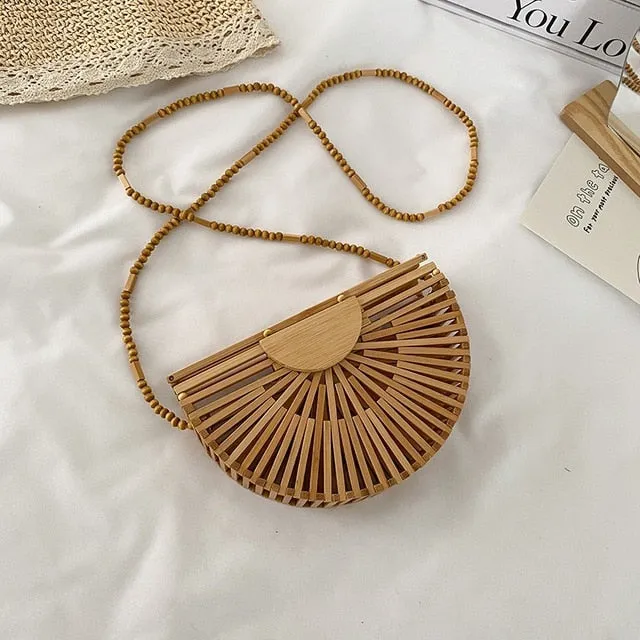 BAMBOO BAGS - 2021 summer Luxury handbag for women shoulder bag semicircle  bamboo woven beach bag Mobile Phone Wallet