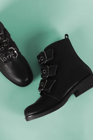 Bamboo Buckled Strap Moto Ankle Boots