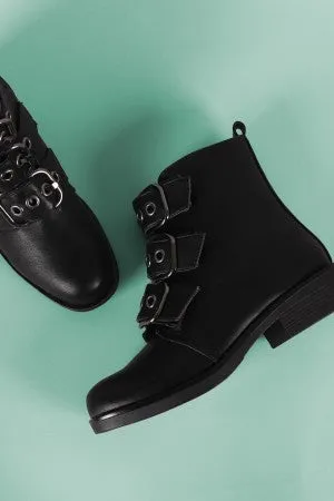 Bamboo Buckled Strap Moto Ankle Boots