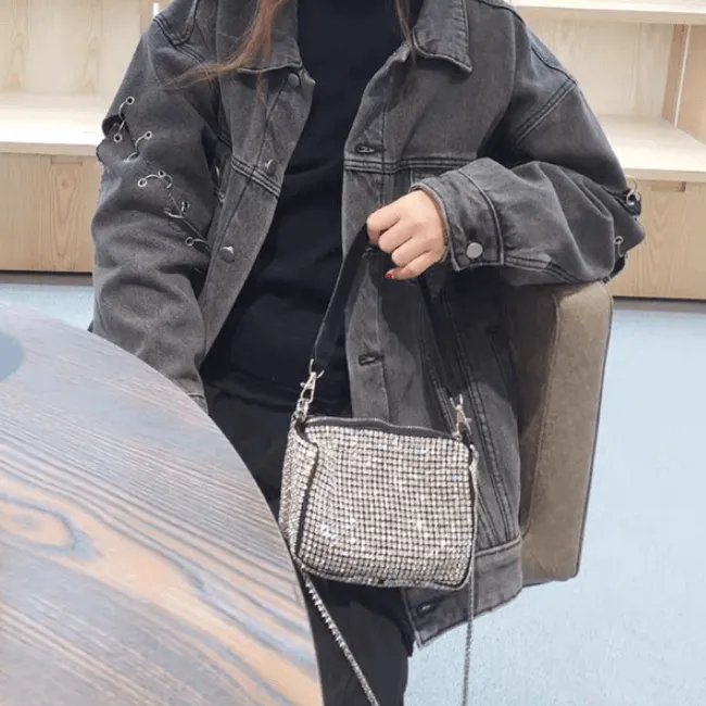 Black Hadmade Customize Rhinestone Crossbody Baguette Bags