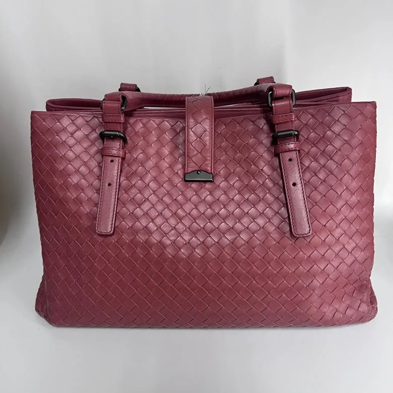 Bottega Veneta Raspberry Leather Intrecciato Tote Bag Large