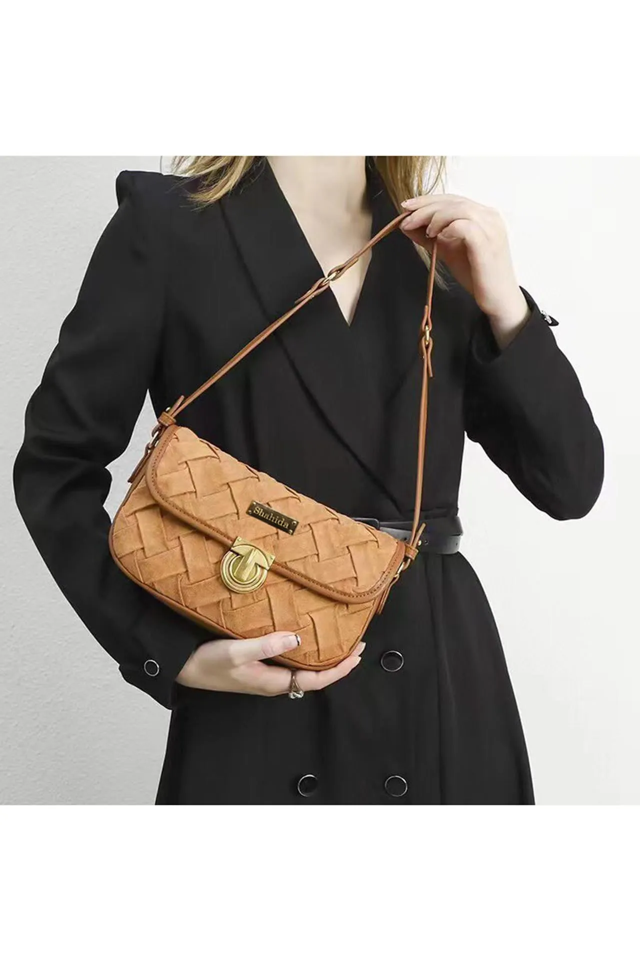 Brown Handbag With Golden Buckle Embellishment