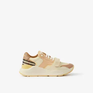 BURBERRY CHECK COTTON AND LEATHER SNEAKERS