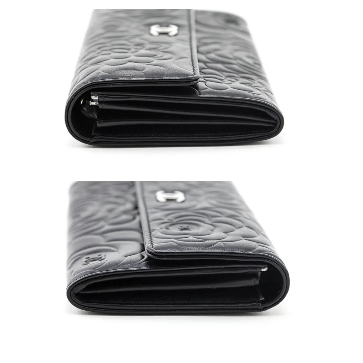 Chanel Black Camellia Embossed Long Flap Wallet