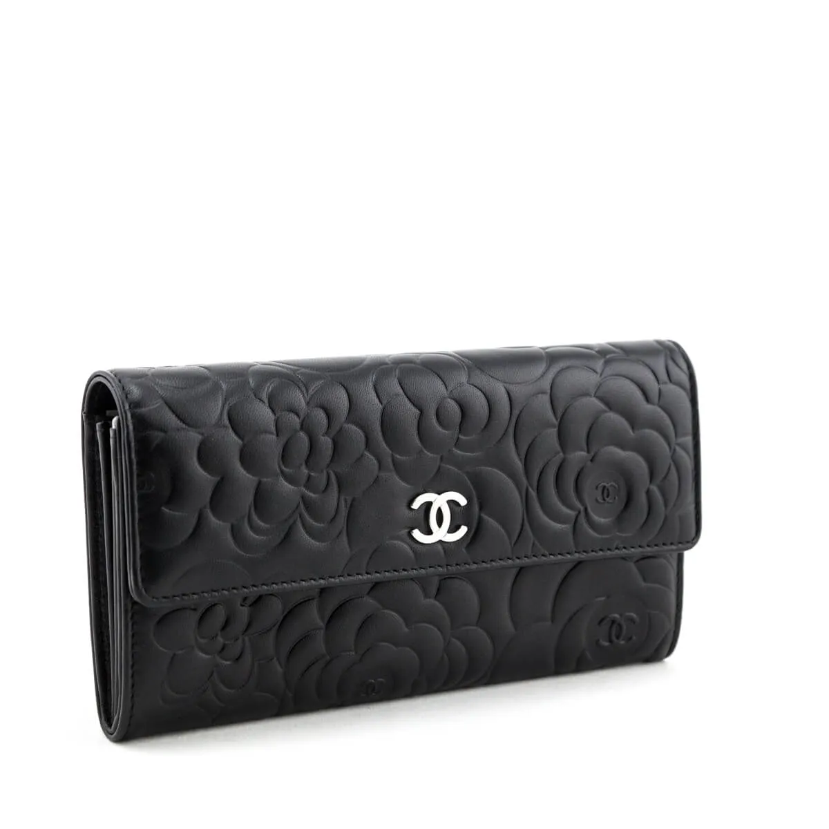 Chanel Black Camellia Embossed Long Flap Wallet