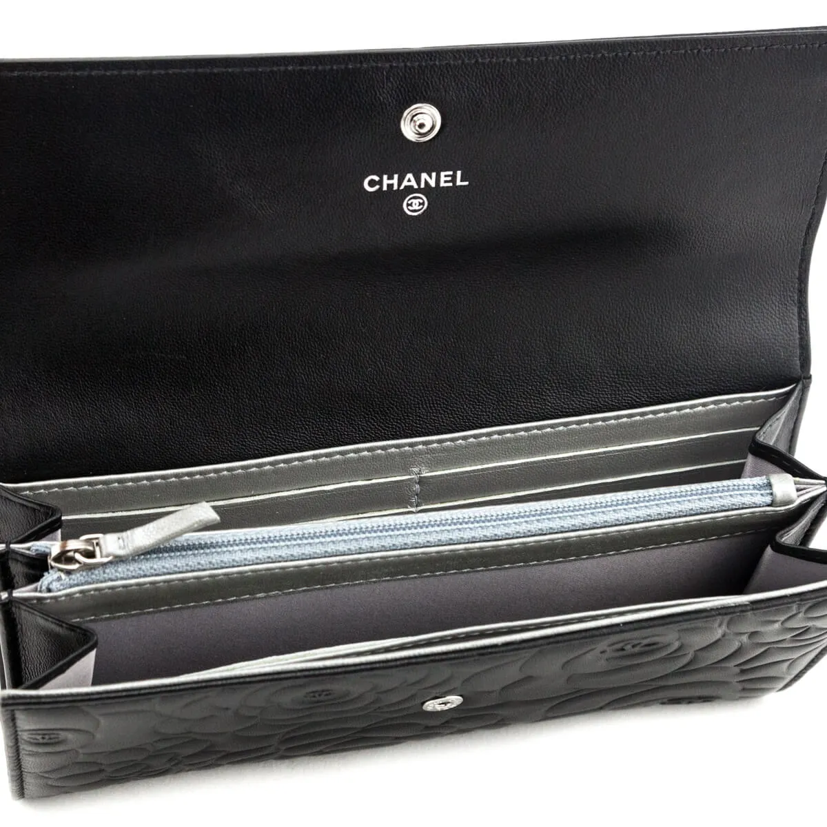 Chanel Black Camellia Embossed Long Flap Wallet
