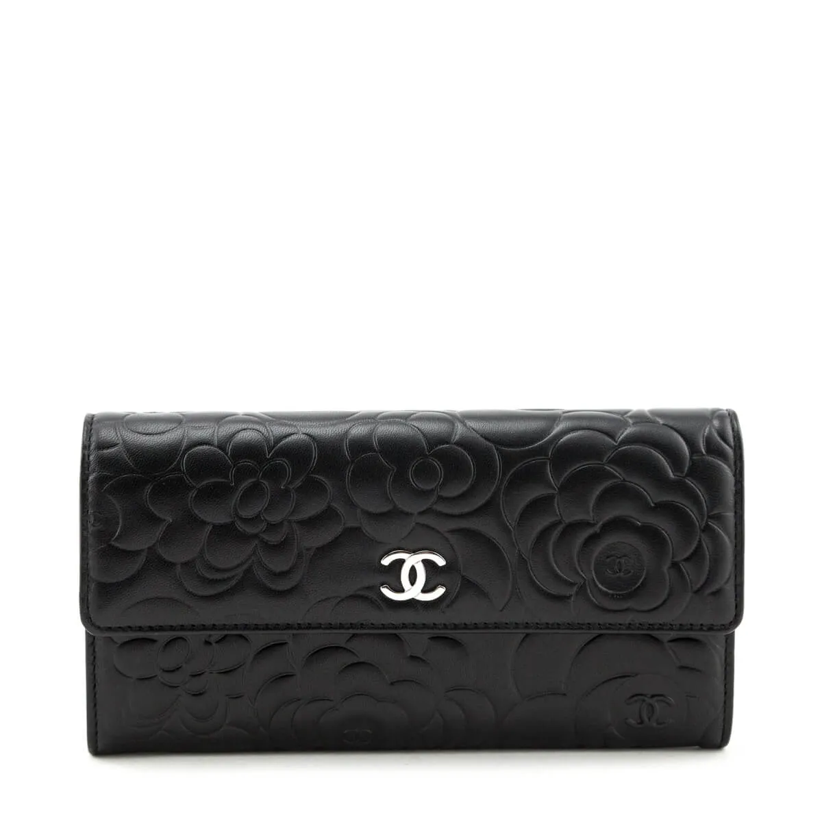 Chanel Black Camellia Embossed Long Flap Wallet