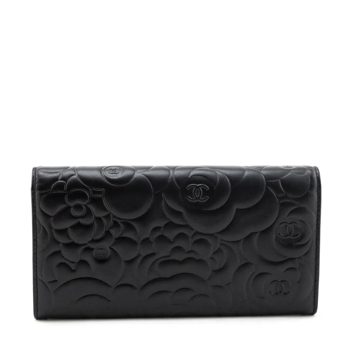 Chanel Black Camellia Embossed Long Flap Wallet