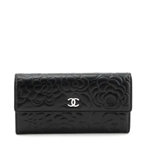 Chanel Black Camellia Embossed Long Flap Wallet