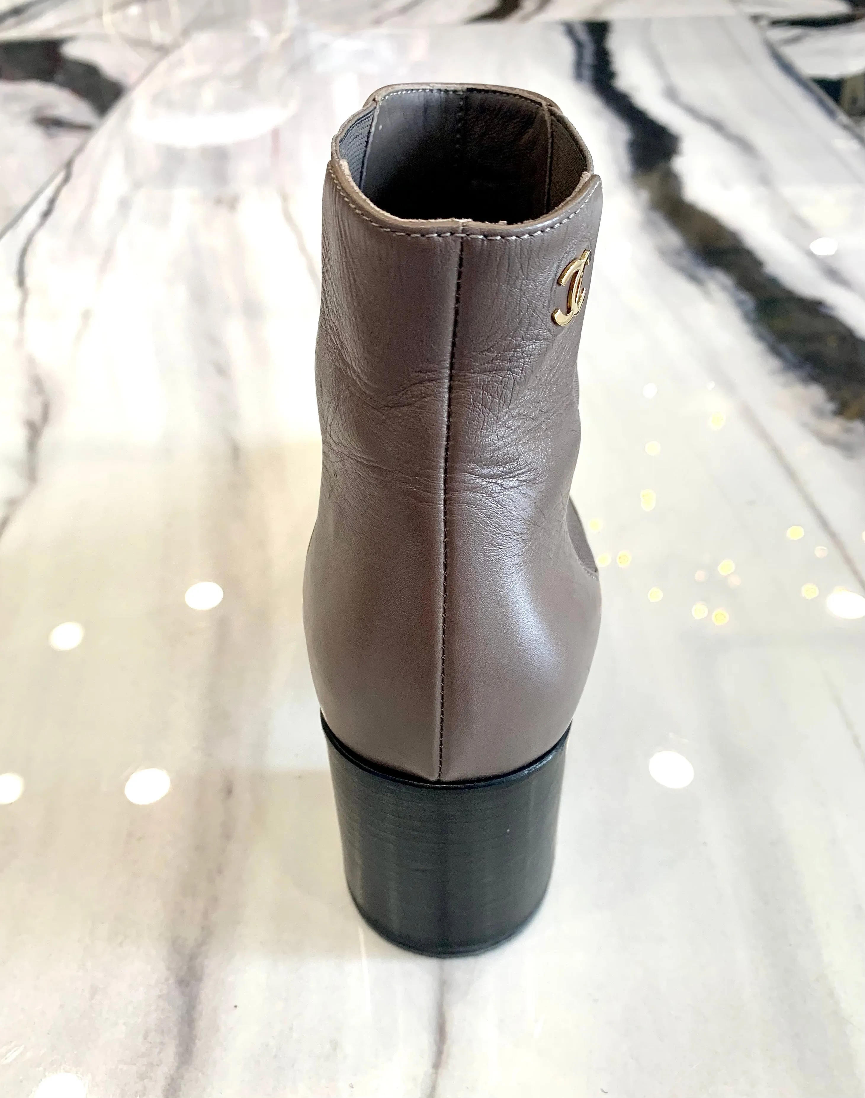 CHANEL BROWN LEATHER CHUNKY HEEL BOOTS