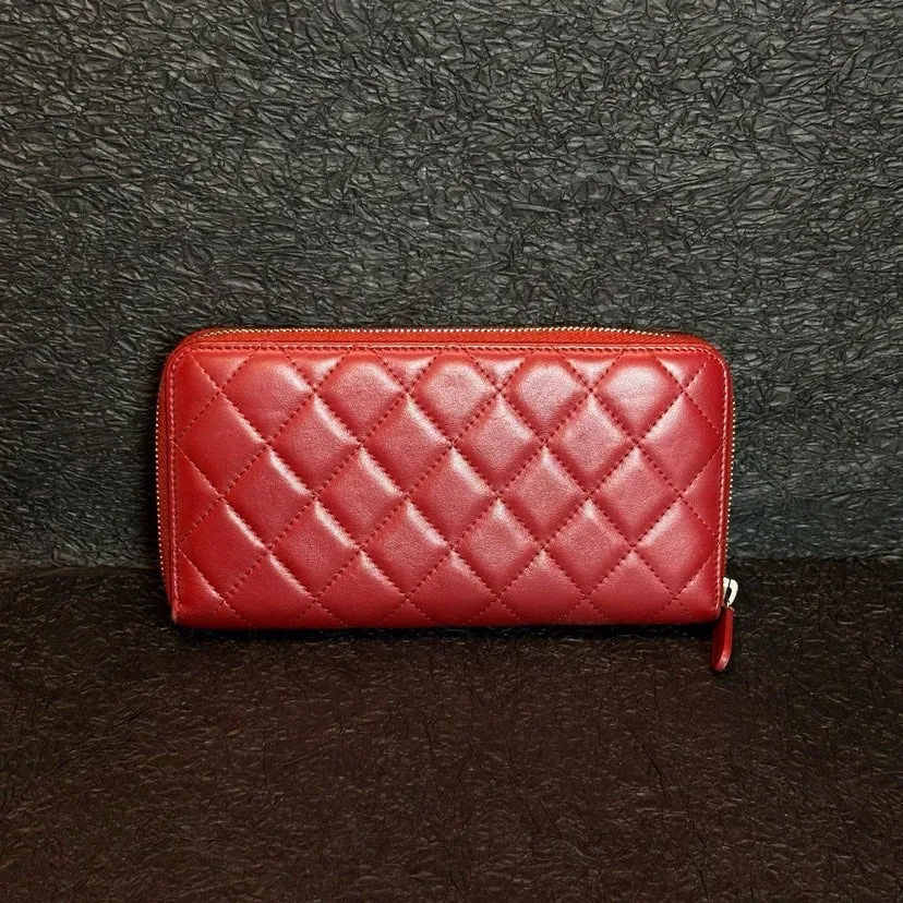 Chanel Red Leather Quilted Long Wallet 20cm