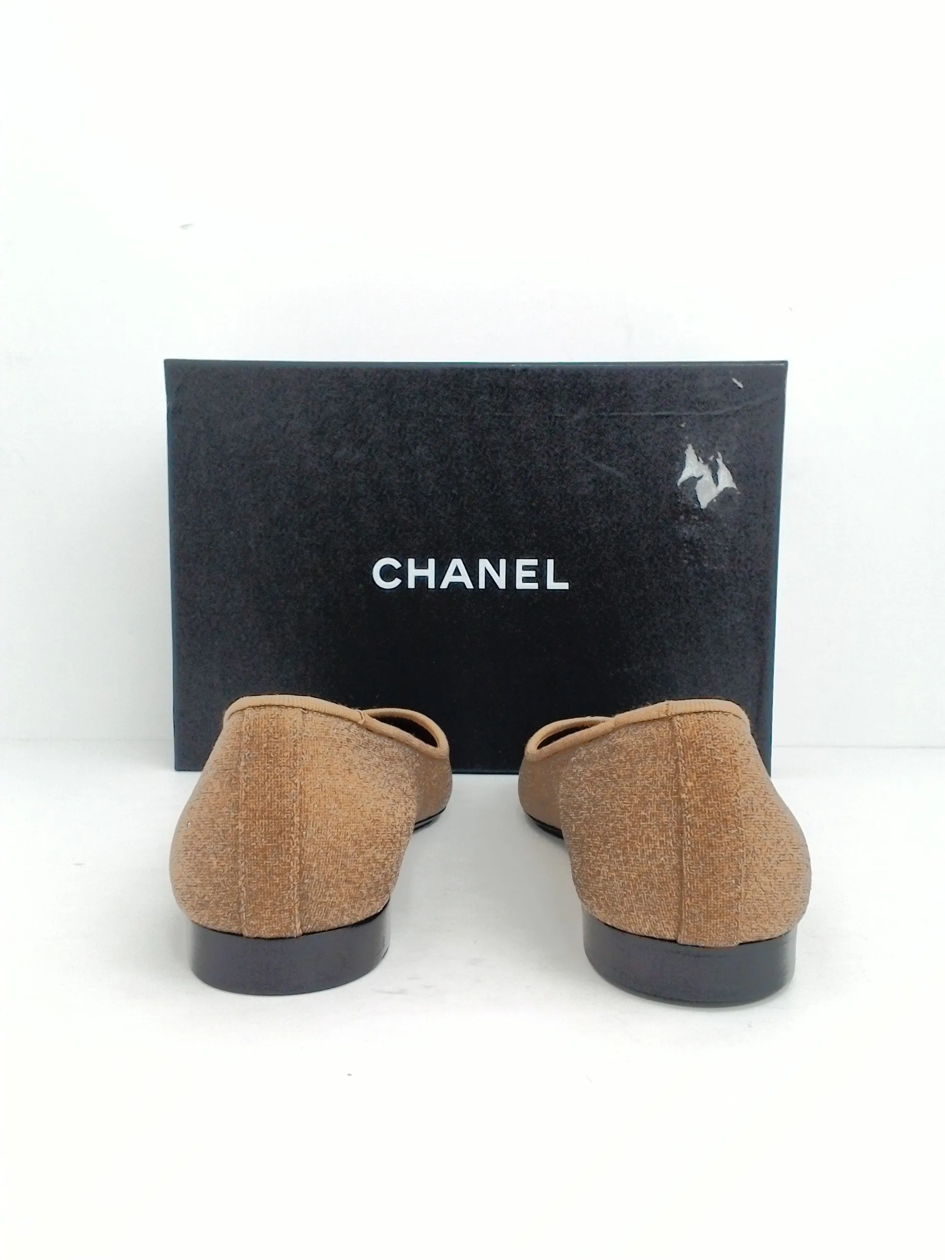 CHANEL Women's Ballerines Beige/Black Goatskin/Grosgrain Size 9.5 M