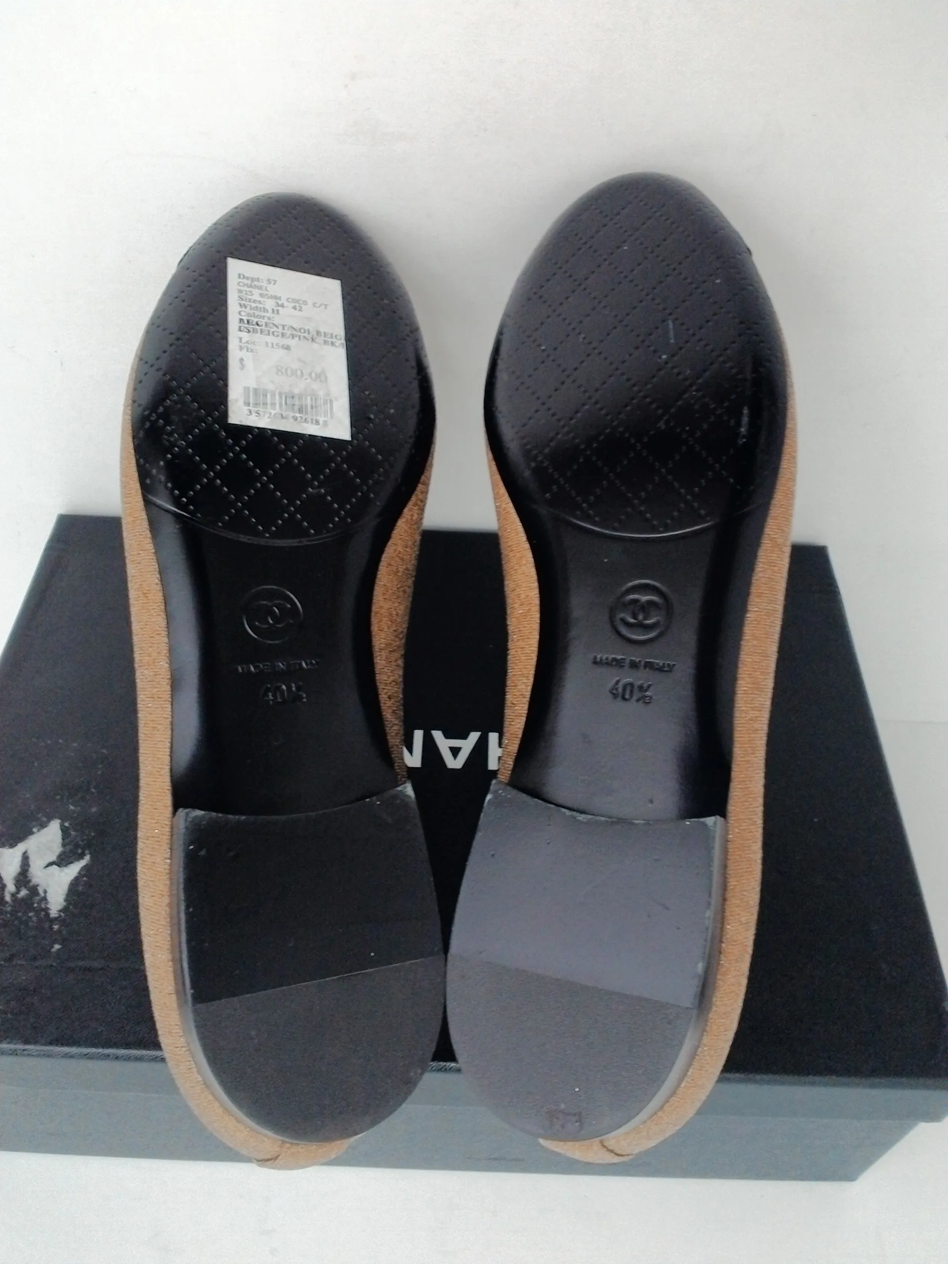 CHANEL Women's Ballerines Beige/Black Goatskin/Grosgrain Size 9.5 M