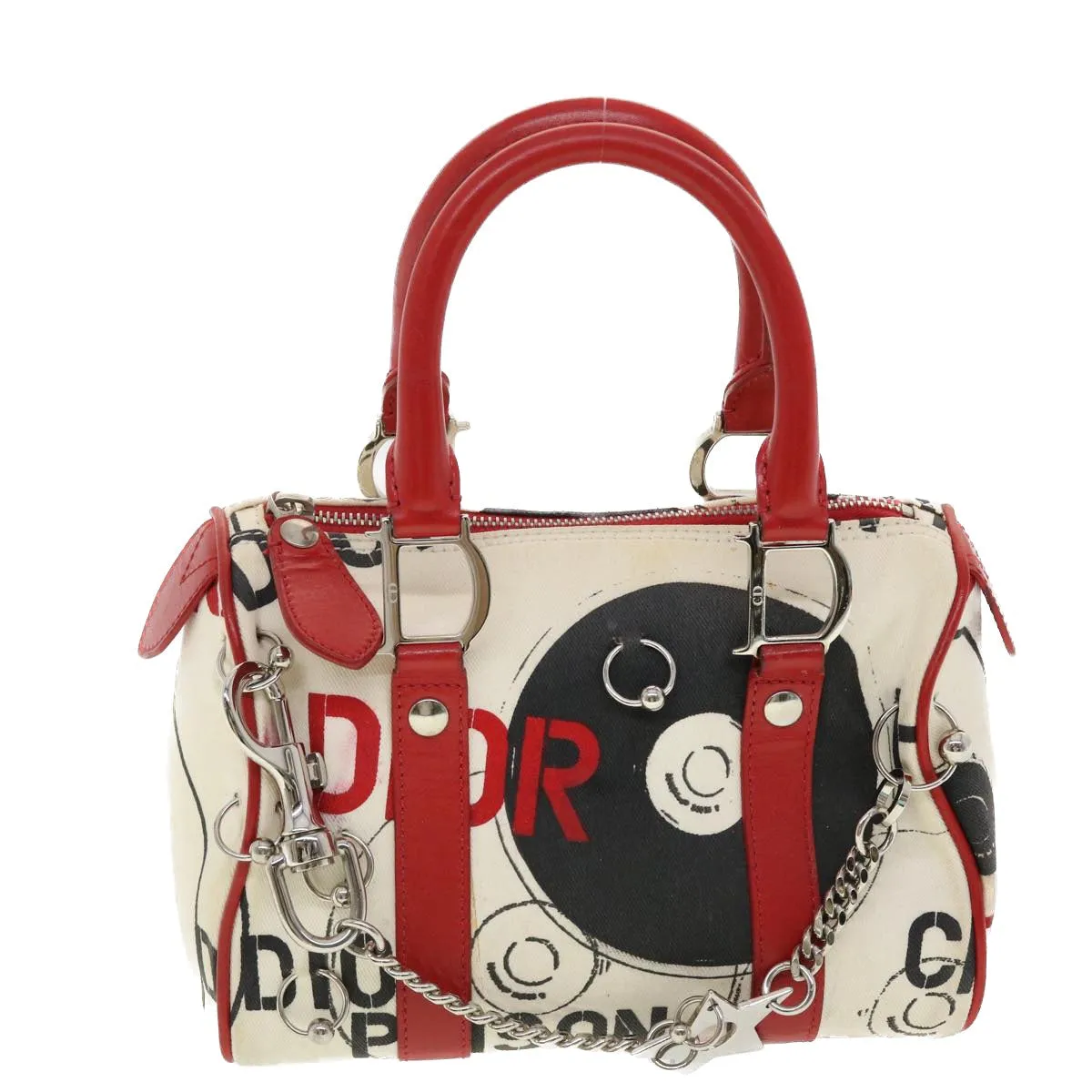 CHRISTIAN DIOR Hardcore Boston Bag Canvas White Red BO B 0024 Auth 39290
