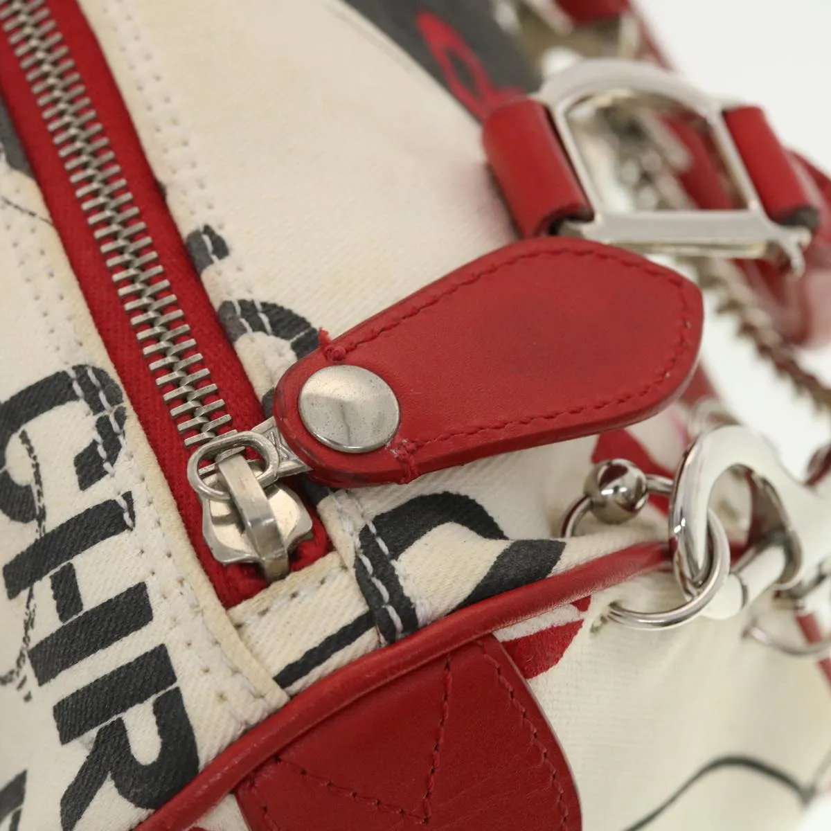 CHRISTIAN DIOR Hardcore Boston Bag Canvas White Red BO B 0024 Auth 39290