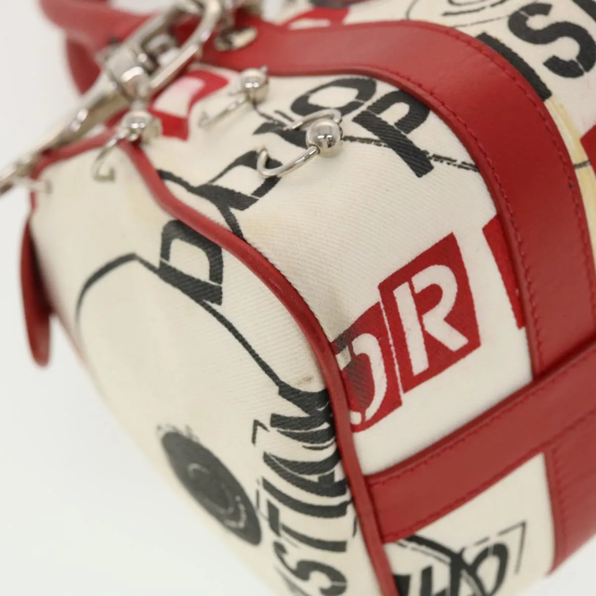 CHRISTIAN DIOR Hardcore Boston Bag Canvas White Red BO B 0024 Auth 39290