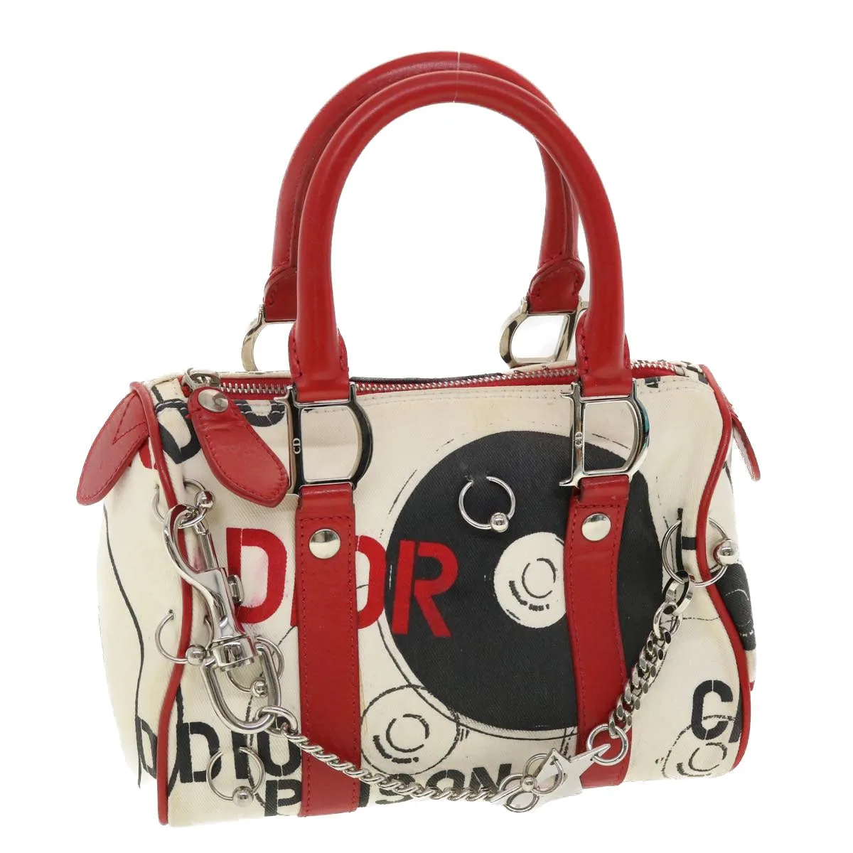 CHRISTIAN DIOR Hardcore Boston Bag Canvas White Red BO B 0024 Auth 39290