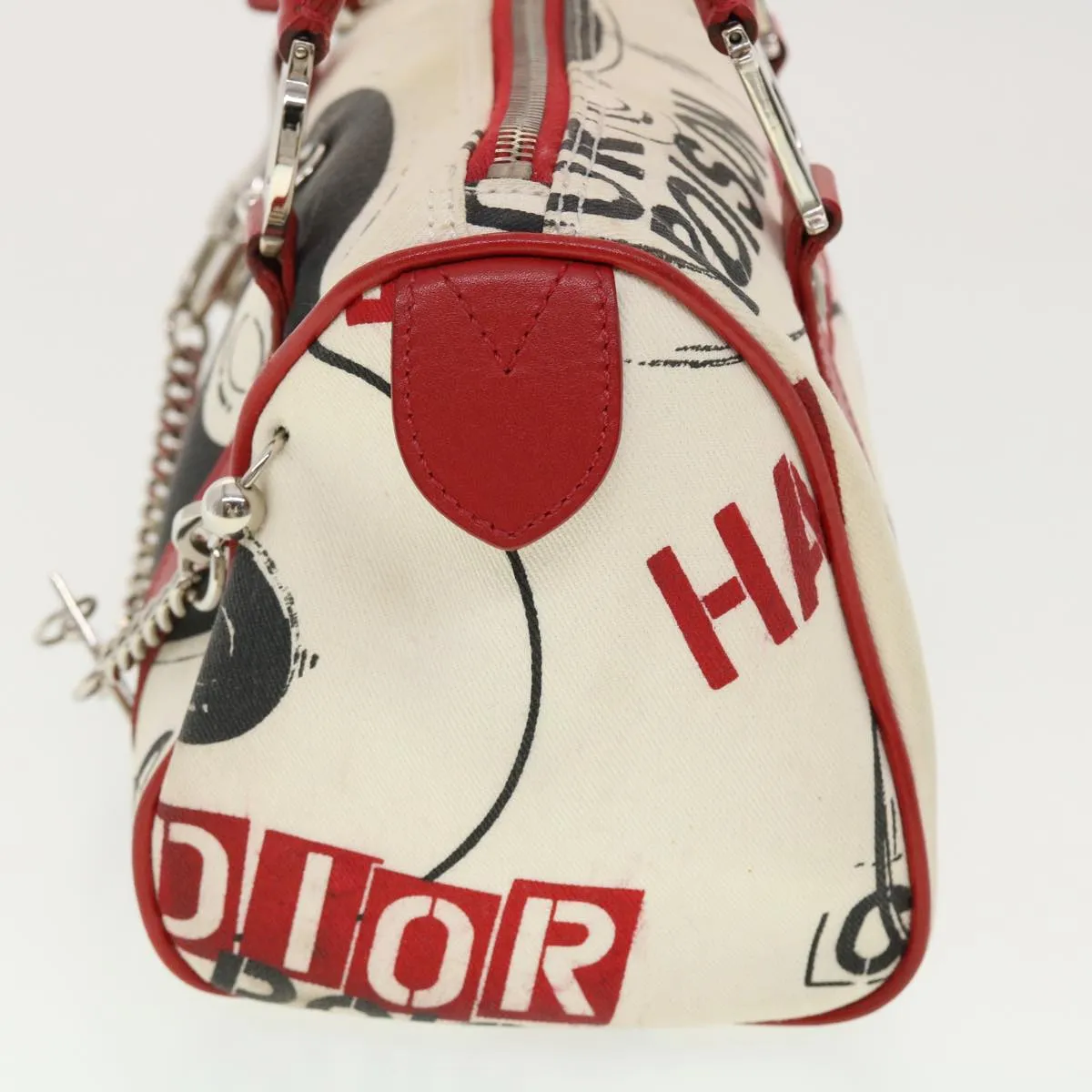 CHRISTIAN DIOR Hardcore Boston Bag Canvas White Red BO B 0024 Auth 39290