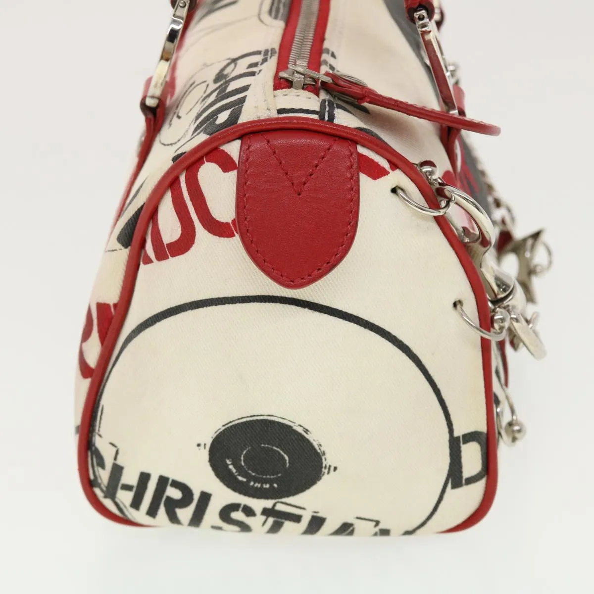 CHRISTIAN DIOR Hardcore Boston Bag Canvas White Red BO B 0024 Auth 39290