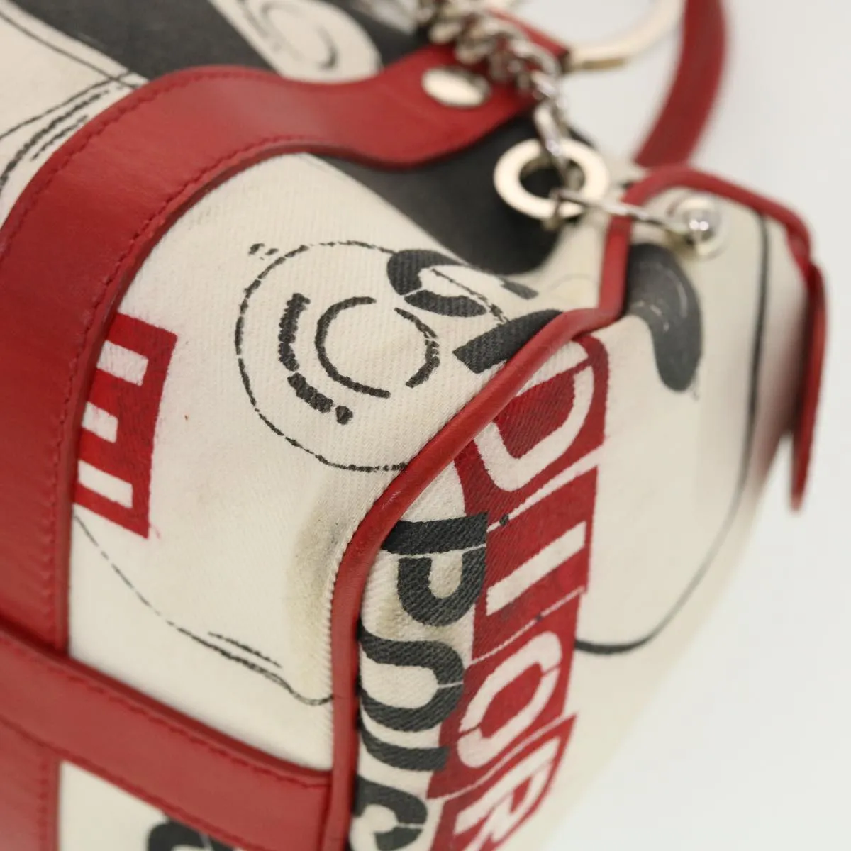 CHRISTIAN DIOR Hardcore Boston Bag Canvas White Red BO B 0024 Auth 39290