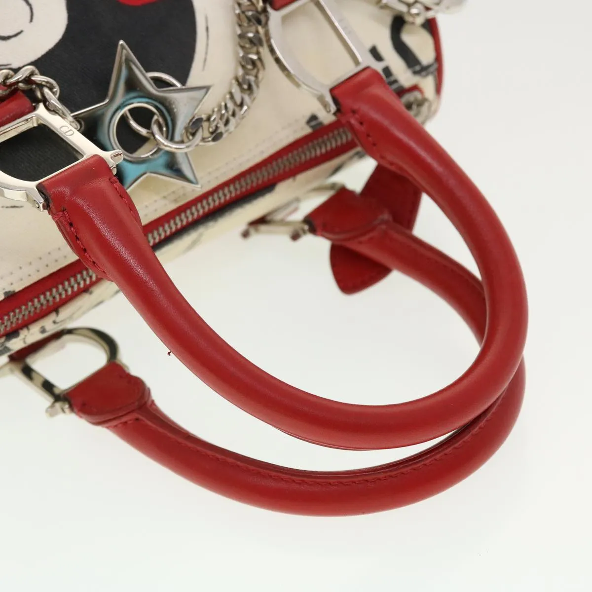 CHRISTIAN DIOR Hardcore Boston Bag Canvas White Red BO B 0024 Auth 39290