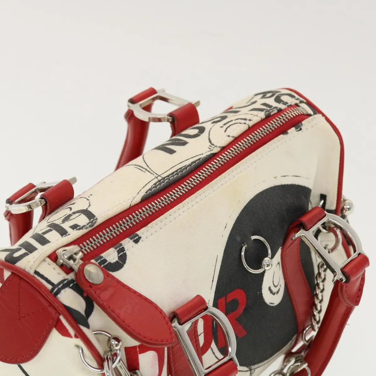 CHRISTIAN DIOR Hardcore Boston Bag Canvas White Red BO B 0024 Auth 39290
