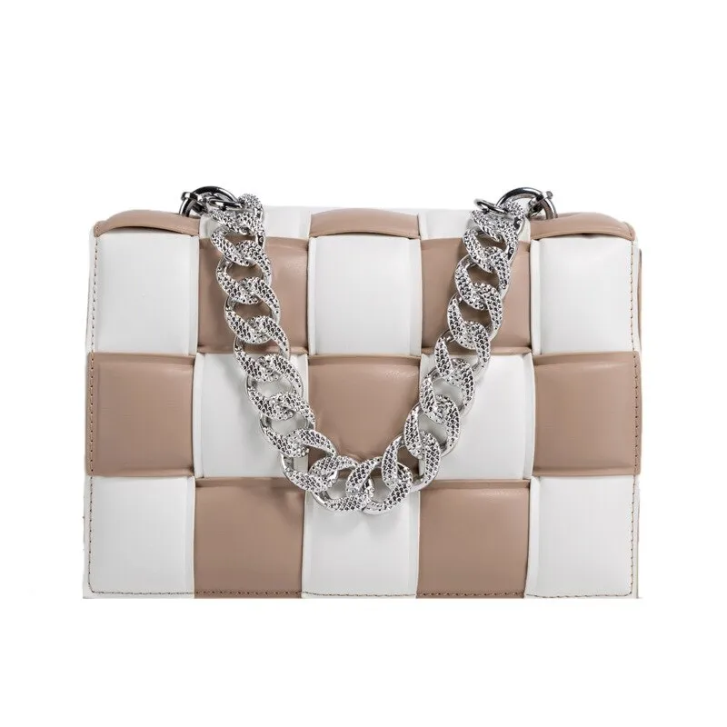 Christmas Gift Small White And Black Woven Square Tote Fashion High-quality PU Leather Women's Designer Handbag Luxury Shoulder Crossbody Bag