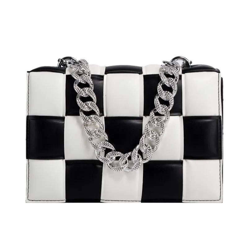 Christmas Gift Small White And Black Woven Square Tote Fashion High-quality PU Leather Women's Designer Handbag Luxury Shoulder Crossbody Bag