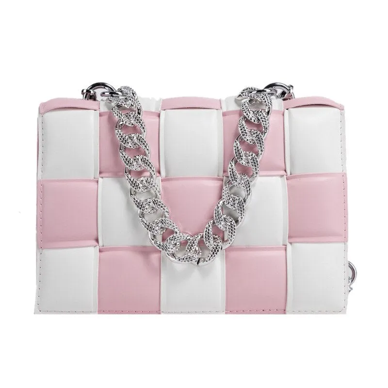 Christmas Gift Small White And Black Woven Square Tote Fashion High-quality PU Leather Women's Designer Handbag Luxury Shoulder Crossbody Bag