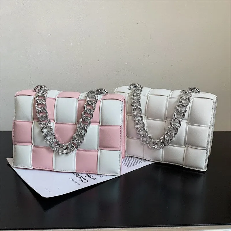 Christmas Gift Small White And Black Woven Square Tote Fashion High-quality PU Leather Women's Designer Handbag Luxury Shoulder Crossbody Bag