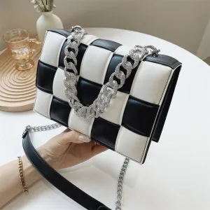 Christmas Gift Small White And Black Woven Square Tote Fashion High-quality PU Leather Women's Designer Handbag Luxury Shoulder Crossbody Bag