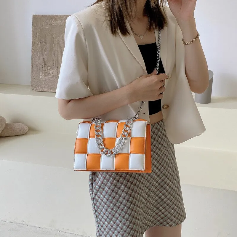 Christmas Gift Small White And Black Woven Square Tote Fashion High-quality PU Leather Women's Designer Handbag Luxury Shoulder Crossbody Bag
