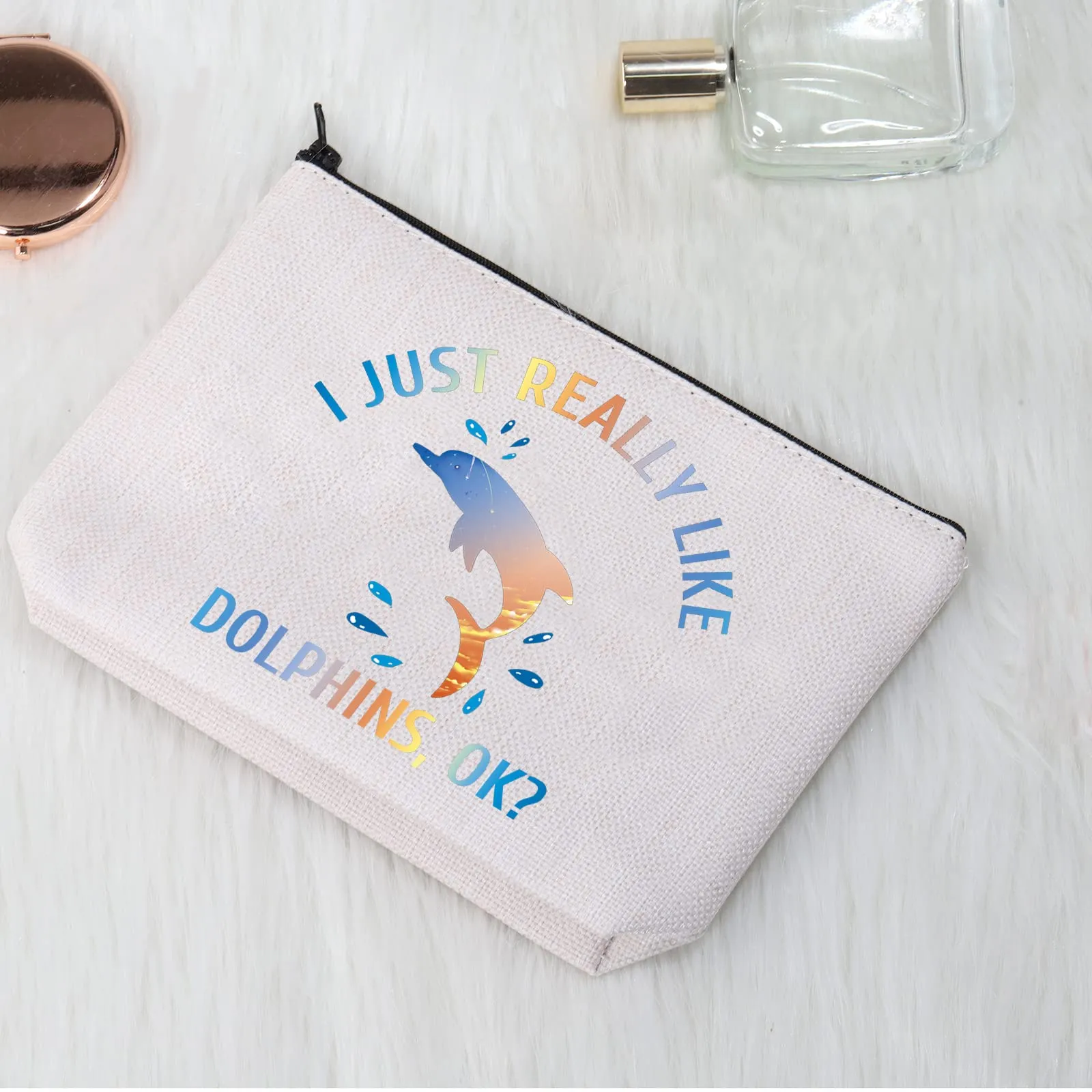 CMNIM Dolphins Gift Makeup Bag Funny Dolphin Cosmetics Bag I Just Really Like Dolphins Ok Gifts for Dolphin Lovers Zipper Pouch Travel Toiletry Bag (Dolphins Gift Makeup Bag)
