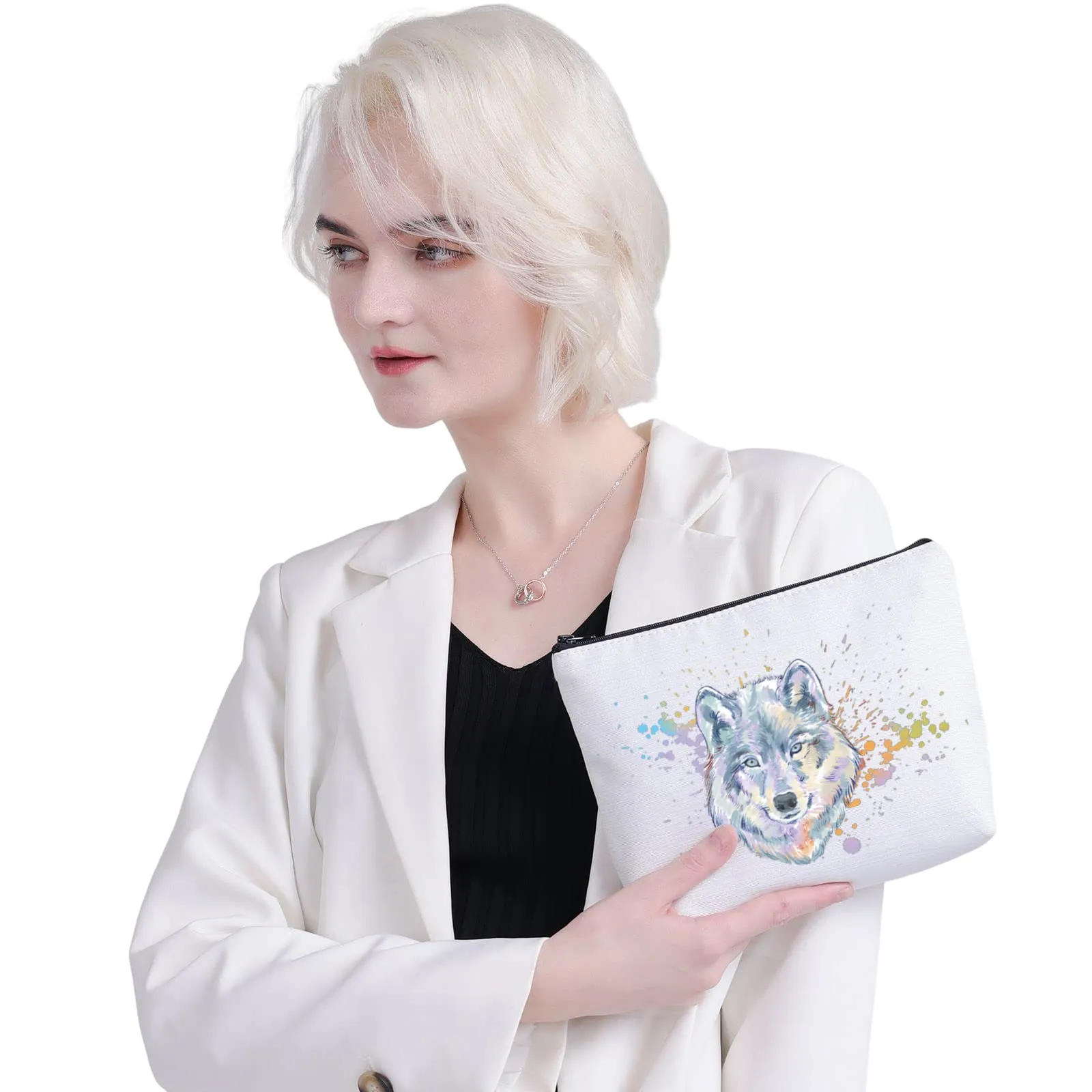 CMNIM Wolf Gifts Makeup Cosmetic Bag Gifts for Wolf Lovers Inspirational Wolf Zipper Pouch Travel Bag Toiletry Cases Organizer (Wolf Gifts Makeup Bag white)