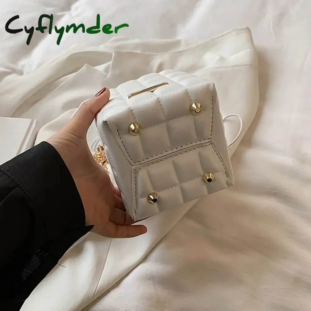 Cyflymder Fashion Women PU Leather Checker Pattern Drawstring Chain Cube Shoulder Crossbody Messenger Bag Casual Handbags Purse