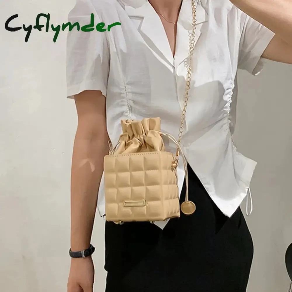 Cyflymder Fashion Women PU Leather Checker Pattern Drawstring Chain Cube Shoulder Crossbody Messenger Bag Casual Handbags Purse