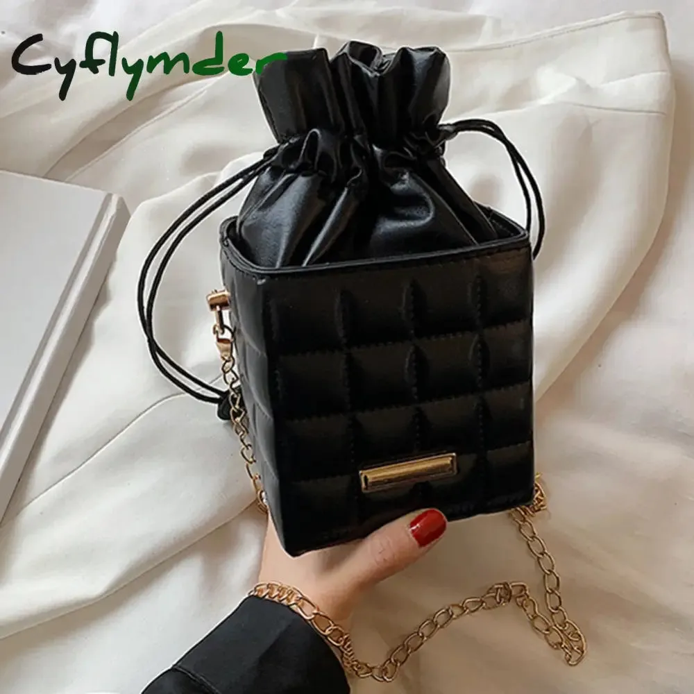 Cyflymder Fashion Women PU Leather Checker Pattern Drawstring Chain Cube Shoulder Crossbody Messenger Bag Casual Handbags Purse
