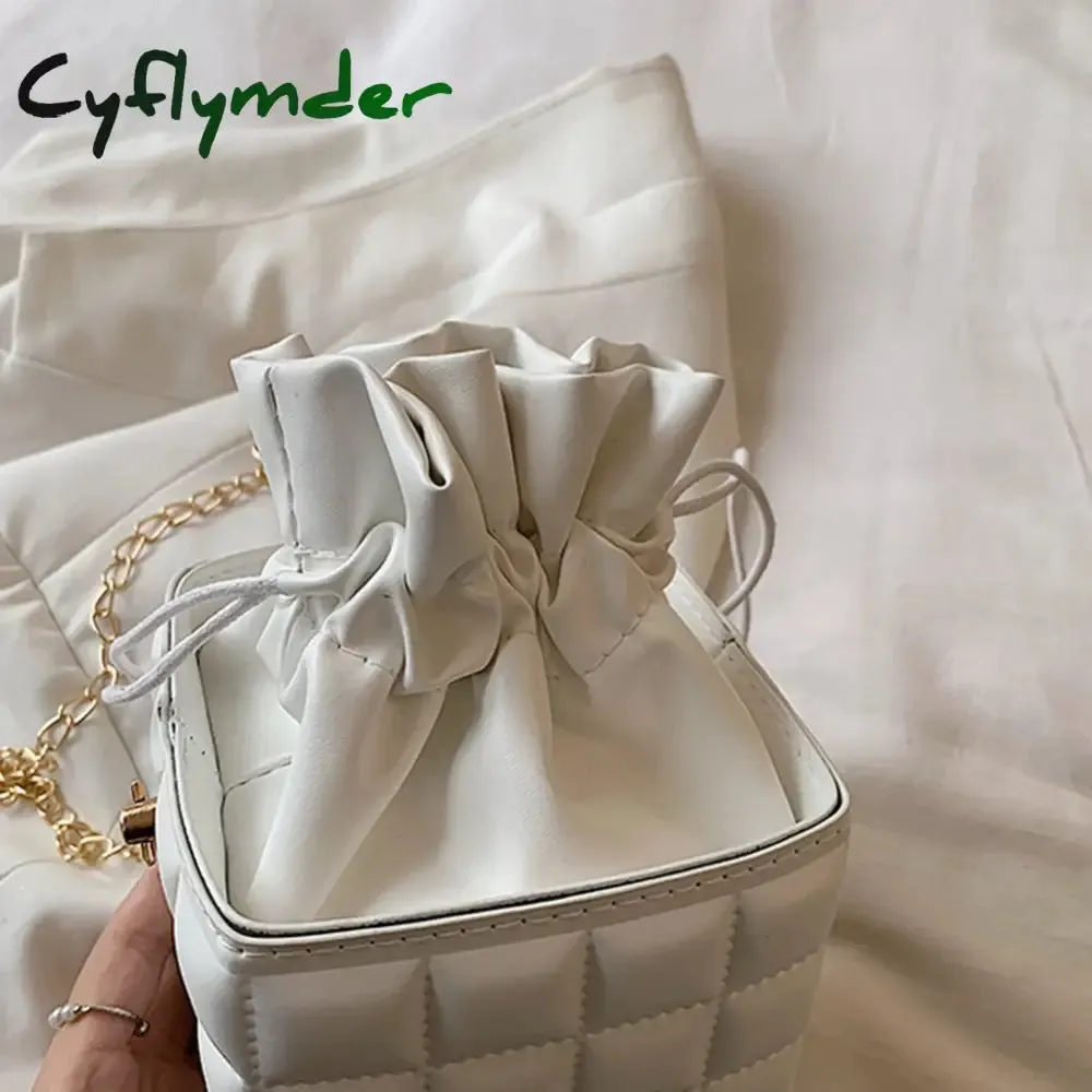 Cyflymder Fashion Women PU Leather Checker Pattern Drawstring Chain Cube Shoulder Crossbody Messenger Bag Casual Handbags Purse