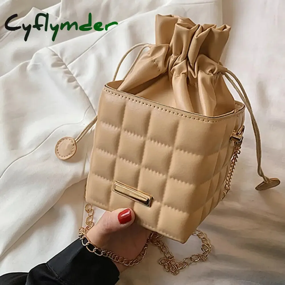 Cyflymder Fashion Women PU Leather Checker Pattern Drawstring Chain Cube Shoulder Crossbody Messenger Bag Casual Handbags Purse