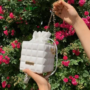 Cyflymder Fashion Women PU Leather Checker Pattern Drawstring Chain Cube Shoulder Crossbody Messenger Bag Casual Handbags Purse
