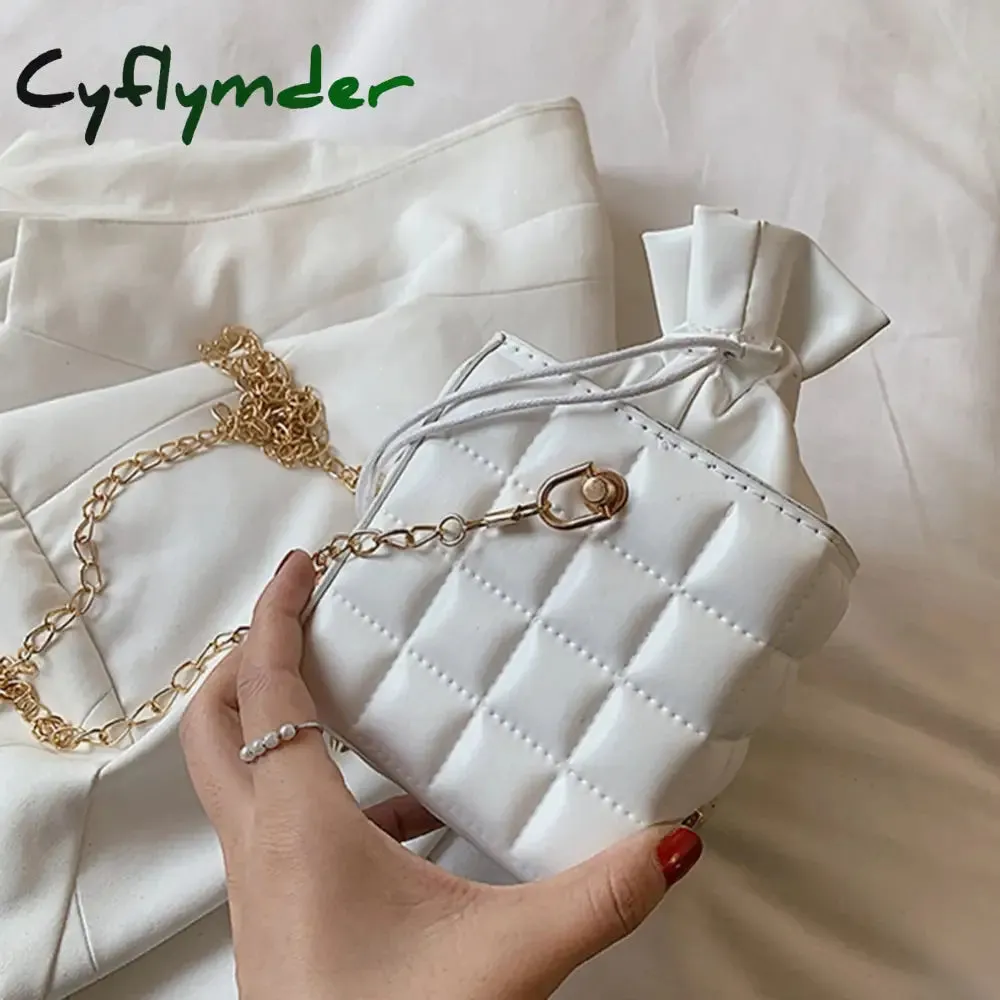 Cyflymder Fashion Women PU Leather Checker Pattern Drawstring Chain Cube Shoulder Crossbody Messenger Bag Casual Handbags Purse