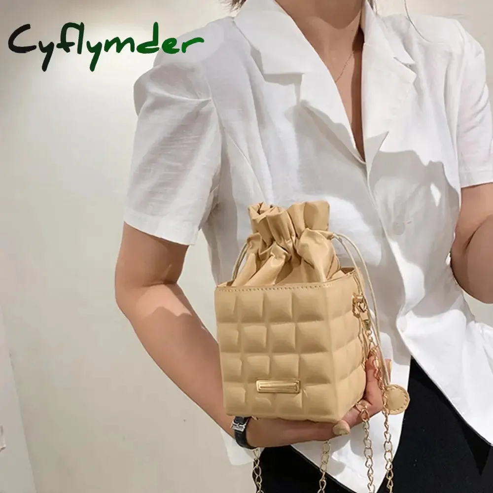 Cyflymder Fashion Women PU Leather Checker Pattern Drawstring Chain Cube Shoulder Crossbody Messenger Bag Casual Handbags Purse