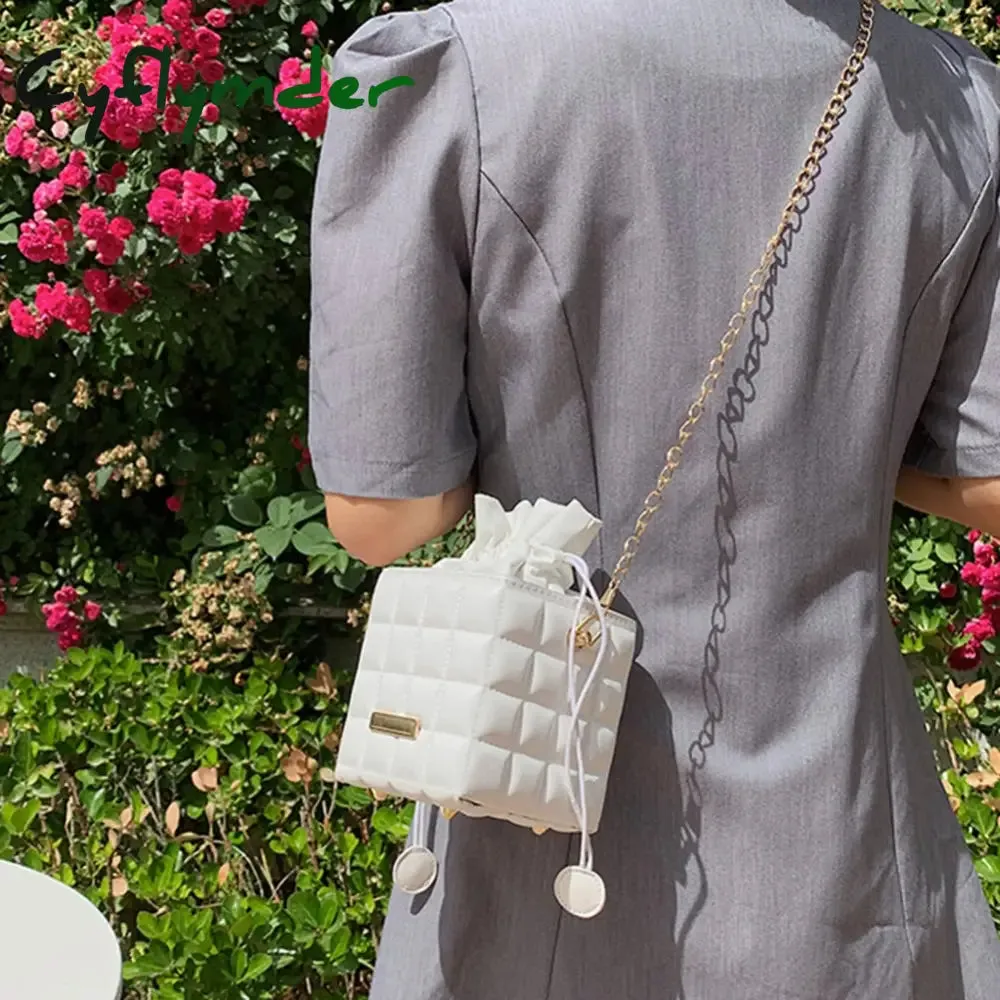 Cyflymder Fashion Women PU Leather Checker Pattern Drawstring Chain Cube Shoulder Crossbody Messenger Bag Casual Handbags Purse