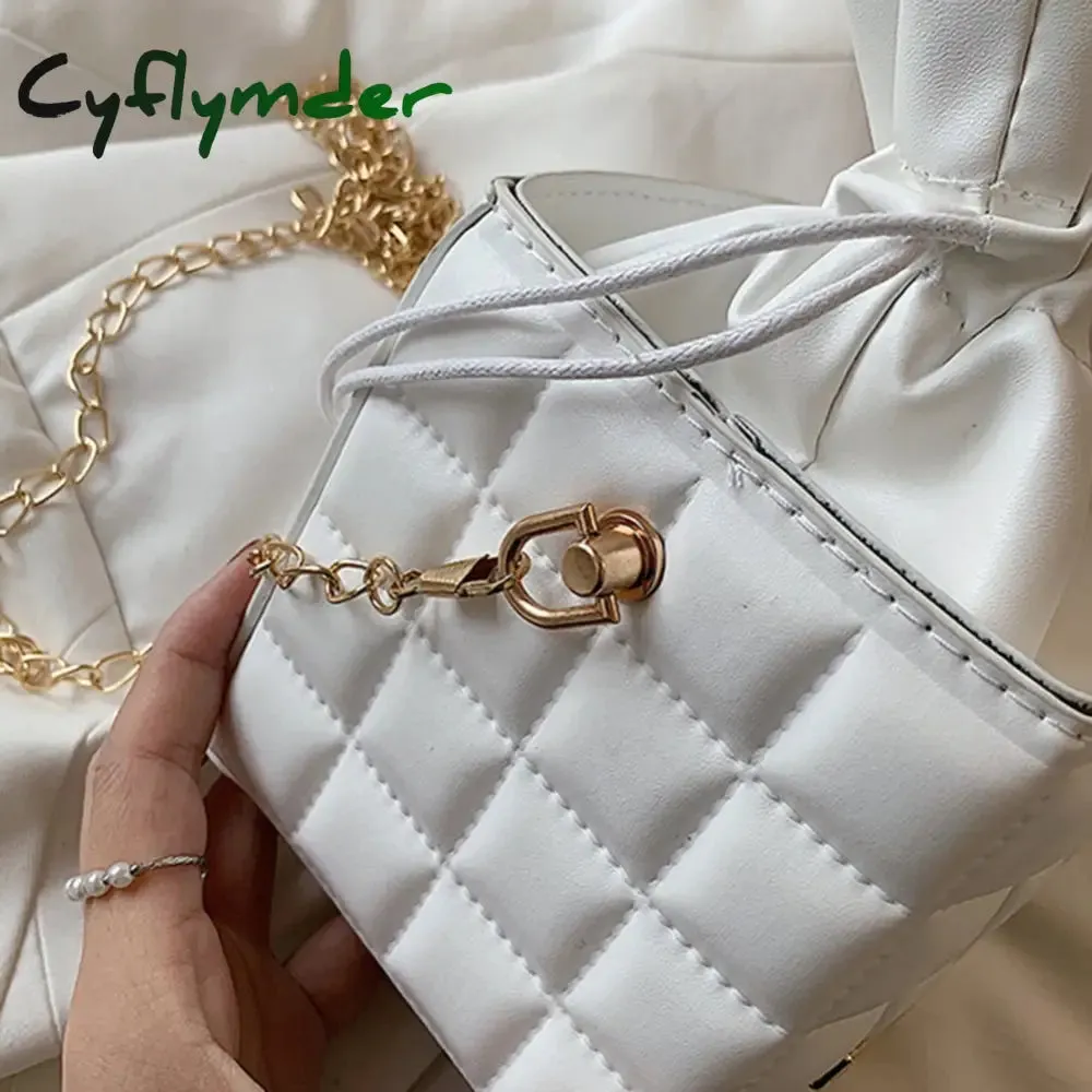 Cyflymder Fashion Women PU Leather Checker Pattern Drawstring Chain Cube Shoulder Crossbody Messenger Bag Casual Handbags Purse