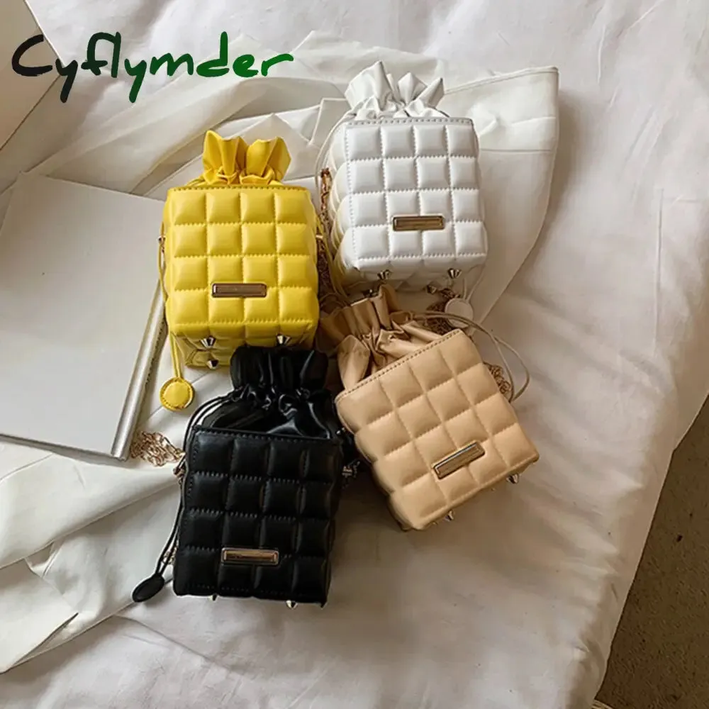 Cyflymder Fashion Women PU Leather Checker Pattern Drawstring Chain Cube Shoulder Crossbody Messenger Bag Casual Handbags Purse